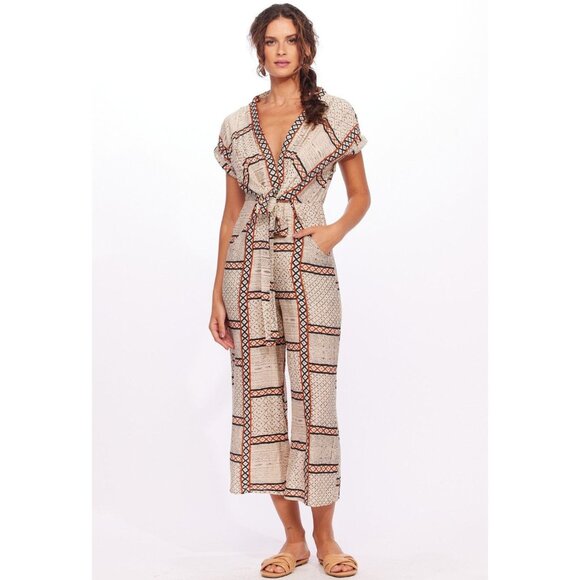 Anthropologie Short Flutter Sleeve V neck Jumpsuit w/ Tie and Pockets Eva Franco - Picture 1 of 7